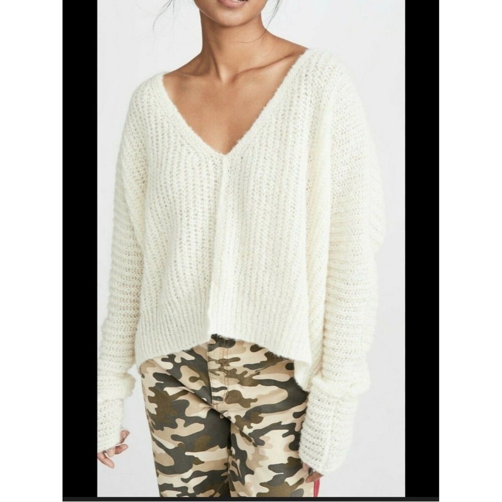 Free People Moonbeam V-Neck Alpaca Blend Sweater Cream Loose Knit size L Cozy - Picture 1 of 7